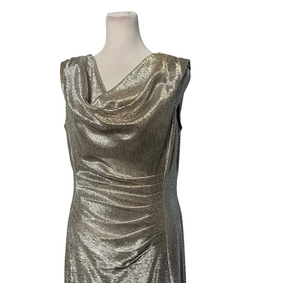 Tahari Silver Metallic Drape Neck Gown Size 12 - Picture 5 of 8